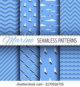 Marine vector seamless patterns collection in white and blue colors. Minimalist trendy contemporary navy ornaments. Best for textile, wallpapers, wrapping paper, package and your design.
