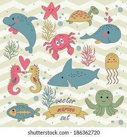 Marine vector set with cute turtle, x-ray fish,  dolphin, crab, jelly-fish, shark, whale, sea-horse, octopus, starfish and corals in cartoon style.