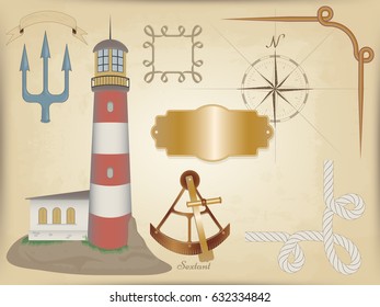 Marine vector set - figure of the lighthouse. background old maps. frame of rope and bronze. old metal patterned plate. fluttering ribbon. the Trident and the sextant.