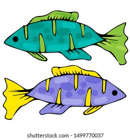 Marine vector set isolated and hand-drawn. Two fish, green and purple.