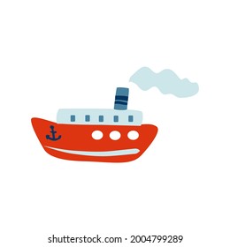 Marine vector ship isolated on white background, decorative flat sign vessel, cartoon sea transport, colorful symbol for travel design, greeting card, baby invitation