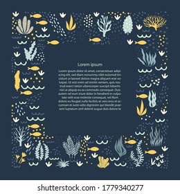 Plantilla de vector marino para tarjetas de felicitación, invitaciones, historias. Marco con ilustraciones de temática marina dibujadas con espacio para texto. Estilo escandinavo.