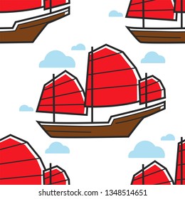 Marine vessel Chinese seamless pattern sailboat or junk ship vector old sea transport with red sails ancient boat i endless texture nautical object wallpaper China culture water transportation