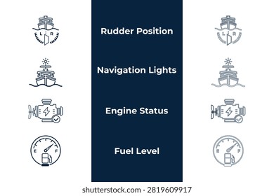 Marine vessel dashboard vector icon set in solid glyph and line style with fuel gauge level, boat engine status, rudder position, and navigation lights.