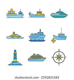 Marine vessel and icon bundle- nautical ships and boat symbols illustration