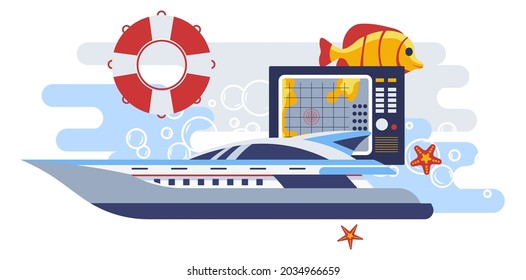 Marine vessel with lifebuoy and screen showing destination and helping to navigate. Fish and seastar, water creatures. Adventure and voyage with luxurious mean of transport. Vector in flat style