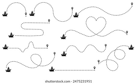 Marine vessels routes dotted lines. Sea ship with track collection. Ship path set. Travel path icon set. Location for travel, dotted road map with destinations. Vector illustration isolated