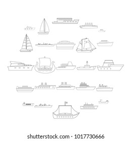 Marine vessels types icons set. Outline illustration of 25 marine vessel type vector icons for web
