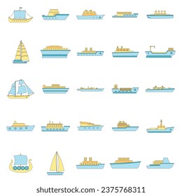 Marine vessels types icons set. Outline illustration of 25 marine vessel type vector icons thin line color flat on white