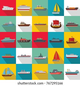 Marine vessels types icons set. Flat illustration of 25 marine vessel type vector icons for web