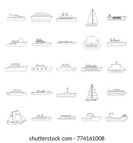 Marine vessels types icons set. Outline illustration of 25 marine vessel type vector icons for web