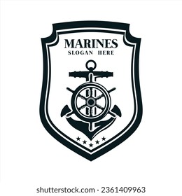 Marine Vintage Logo Black And White, Anchor And  Ship Wheel Vector