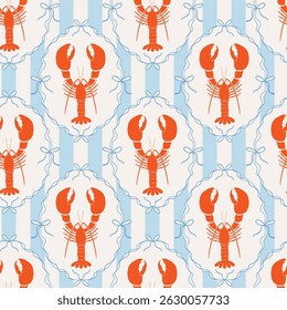 Marine vintage seamless pattern with lobster in ribbon frame with bow on striped background. Trendy Mediterranean vector design  with seafood, crawfish for print, fabric, wallpaper, wrapping paper.