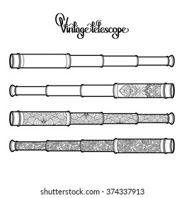 Marine Vintage Telescope Drawn In Line Art Style. Pirate Spyglass Collection. Sea And Ocean Vector Stuff Isolated On White Background. Coloring Book Page Design For Adults And Kids