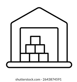 Icono de línea delgada de almacén marino, concepto de puerto marino. Gráficos de Vector. Edificio del almacén con las cajas, muestra del servicio de entrega en el fondo blanco, estilo móvil o diseño