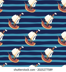 Patrón de agua marina sin soldadura con adorno de velero de garabato. Fondo de rayas azules de la marina. Diseñado para el diseño de tejidos, impresión textil, envoltura, cubierta. Ilustración vectorial.