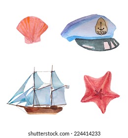 Marine watercolor elements set: cap of the captain, ship, starfish and shell