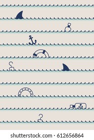 marine wave, anchors and Lifebuoys, seamless pattern