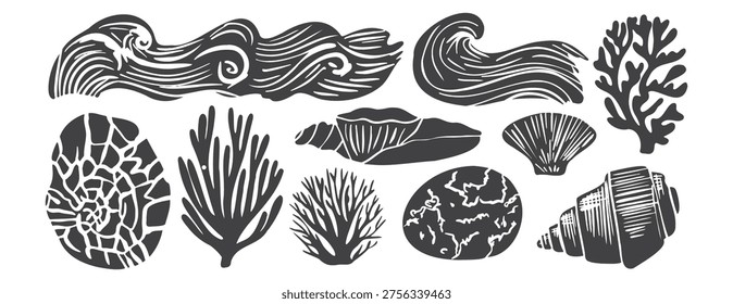 Marine wave and seashell vector set in linocut style with coral elements. Engraved ocean illustration with textured lines, isolated on white. Nautical clipart for coastal design, logo, print, branding
