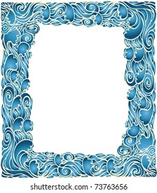 Marine waves frame decotation.Vector blue graphic background