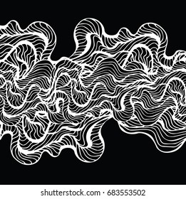 Marine waves  on a black background. Water Wave abstract design.white lines on the black background. Hand drawn print