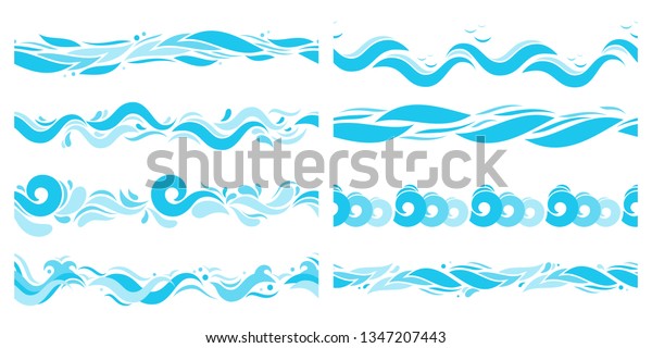 Marine\
waves. Sea water wave, swim pattern and horizontal divider ocean\
patterns. Nautical seaside swirl storm border, blue sea waves or\
river wave. Vector isolated illustration\
set