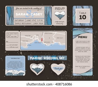 Marine wedding invitation set with rsvp card. Ticket to a sea pa