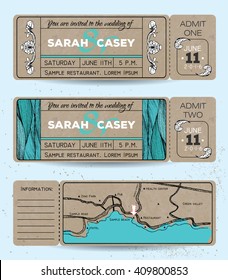 Marine wedding invitation set. Ticket to a sea party with road map