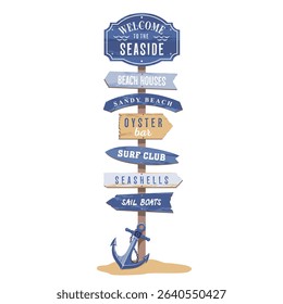 Marine welcome beach sign with arrows and vintage anchor.  A coastal signpost with inscriptions on the arrows: beach houses, a surf club, seashells, a sandy beach, boats and more. Hand draw no ai.

