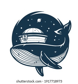 Marine whale into starry sky space. Nautical wanderlust and adventure illustration. Ocean explorer