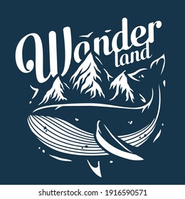 Marine whale and mountain. Nautical wanderlust sea adventure illustration