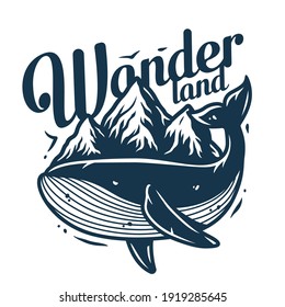 Marine whale and mountain. Nautical wanderlust sea adventure illustration