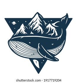 Marine whale and mountain in starry sky space. Nautical wanderlust and adventure illustration. Ocean explore