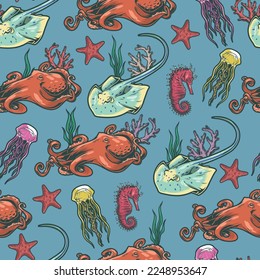 Marine wildlife colorful seamless pattern dangerous underwater rays and octopuses live on ocean floor with jellyfish and seahorses vector illustration