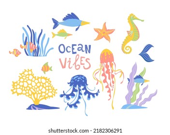 Marine wildlife hand drawn flat vector set. Ocean vibes lettering. Underwater life sea horse and starfish jellyfish fish, corals, seaweed cartoon clipart