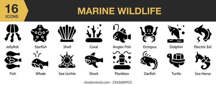 Marine Wildlife solid icon set. Includes jellyfish, starfish, coral, shell, dolphin, oarfish, and More. Solid icons vector collection.