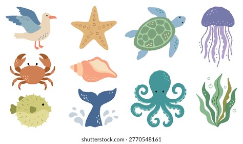 Marine wildlife vector collection. Cute ocean animal clip art. Simple set with starfish and turtle.