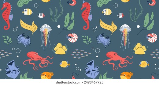 Marine wildlife vector seamless pattern. Cartoon octopus, sea crab, seahorse, jellyfish, shrimp, crab and other underwater animals, algae, corals. Tropical ocean or sea fauna and fauna