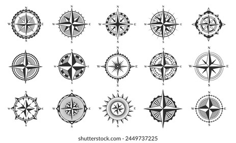 Marine wind rose. Antique compass dial with cardinal directions, nautical navigation instrument for sea wayfinding. Vector retro navigation equipment illustration of geography navigation measurement