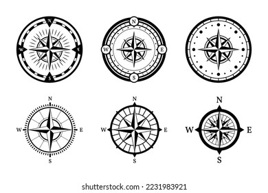 Marine wind rose compas set isolated on white background.