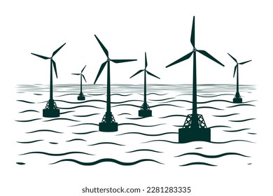 Marine wind turbines generator energy. Flat vector illustration