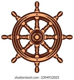 Marine wood color wooden steering wheel from a ship, consisting of eight spokes. Color vector illustration. Template or element for design.