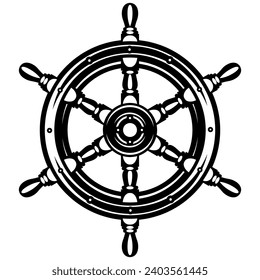 Marine wooden steering wheel from a ship, consisting of six spokes. Monochrome vector illustration. Template or element for design.