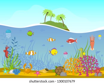 Marine world background vector illustration. Underwater elements, seaweed sand and moss, jellyfish, sea horse and zebrafish, crab, turtle cartoon. Deserted island with palms and plants.