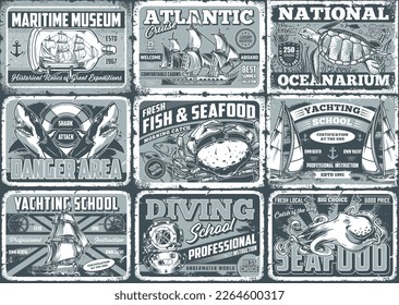 Marine world monochrome set vintage flyers for seafood market or fish restaurant and cruise agency and yachting school vector illustration