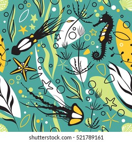 Marine world and underwater life modern design vector seamless pattern. Coral reef with jellyfish, seahorse, squid, plant, seashell and starfish, cute colors and fun creative elements for wrap.