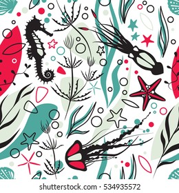 Marine world and underwater life modern design vector seamless pattern. Coral reef with jellyfish, seahorse, squid, plant, seashell and starfish, cute colors and fun creative elements for wrapping.