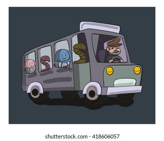 marine worms and jellyfish. a marine biologist, a failed life. the driver of the bus. Zoology and biology vector illustration