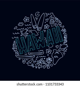 Marine-colored linear illustration of Hawaii. Round pattern with the main symbols of Hawaii, isolated elements. Can be used as a sticker,  prints for t-shirts and cups, cards, posters.