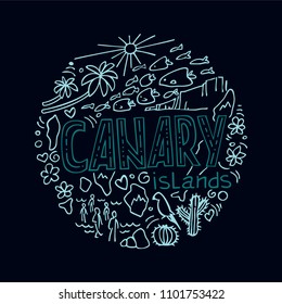 Marine-colored vector linear illustration of Canary. Round pattern with the main symbols of Canary, isolated elements. Can be used as a sticker,  prints for t-shirts and cups, cards, posters.
